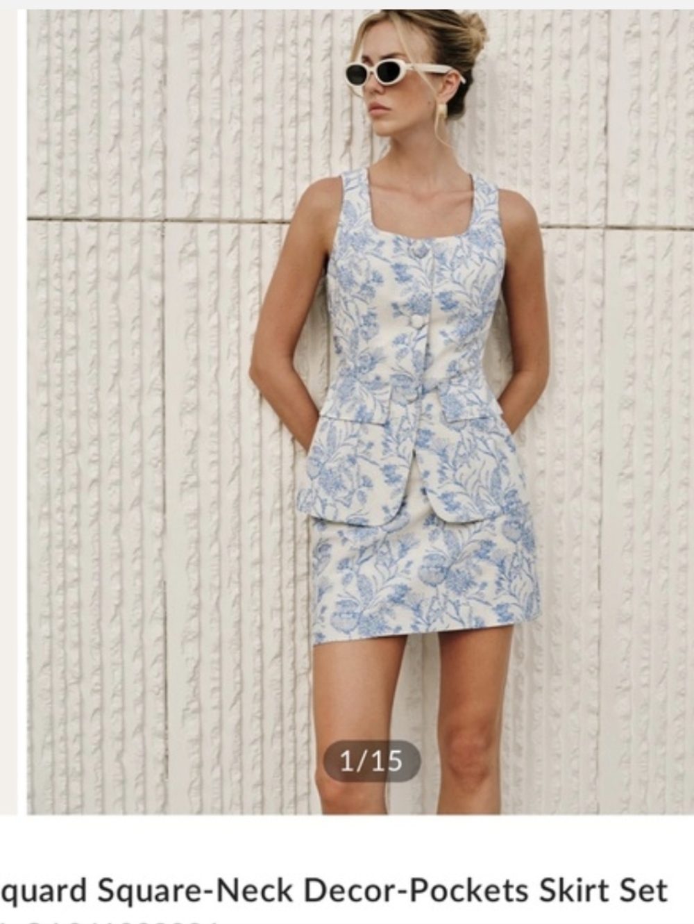 Commense White and Blue Floral Square-Neck Skirt Set